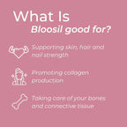 Pink background with text and icons about Bloosil's benefits on a pink background