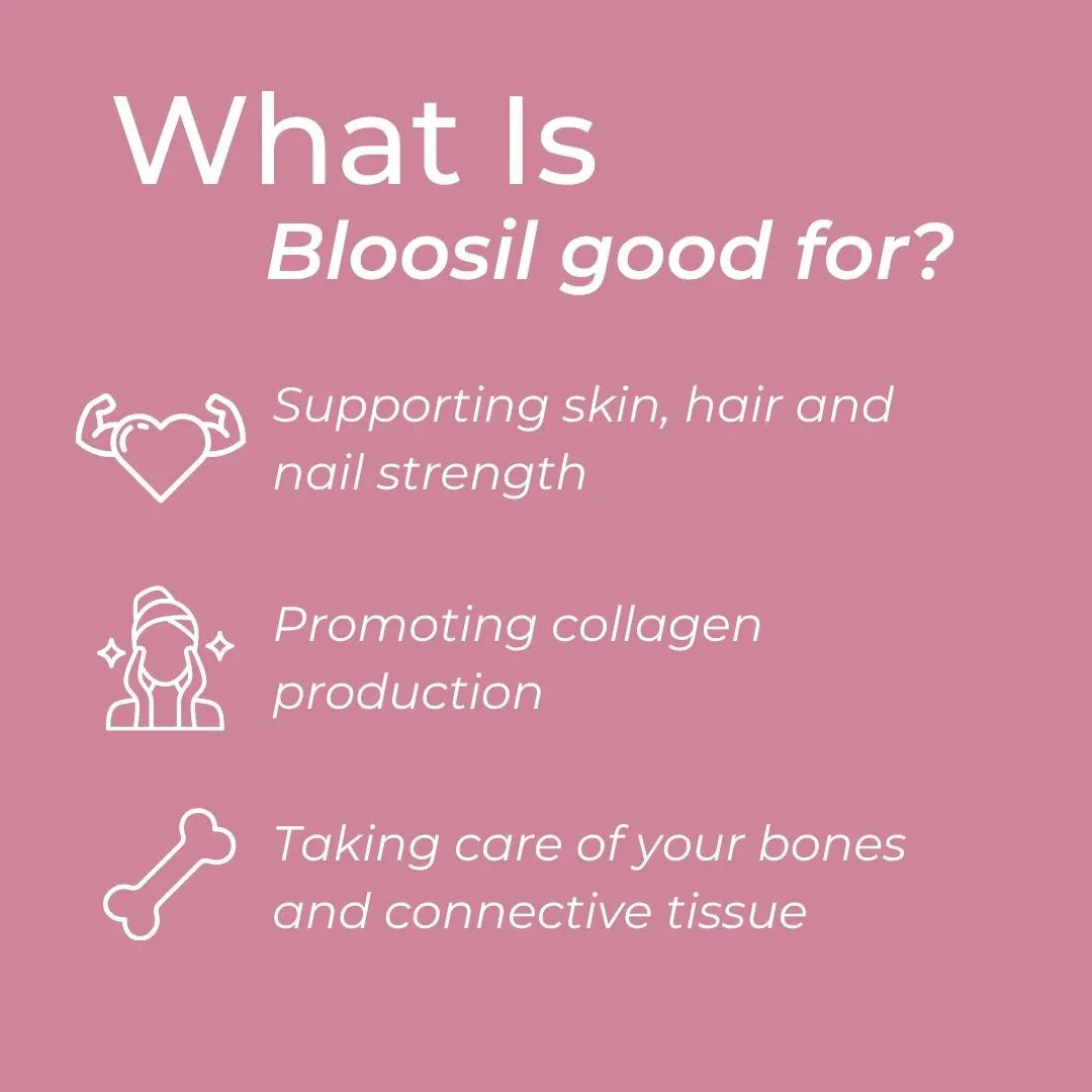 Pink background with text and icons about Bloosil's benefits on a pink background