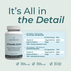 A Naturecan Vitamin D3 K2 supplement bottle shown on a pale green background with large headline text reading 'It's All in the Detail' and a nutrition information panel detailing per serving amounts and NRV values.