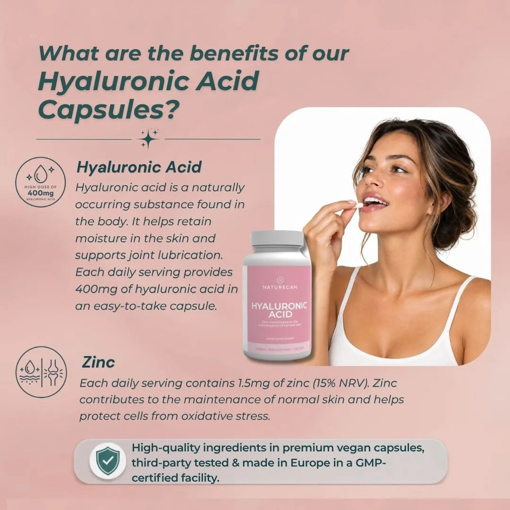 An informational marketing graphic for Nature's Dream Hyaluronic Acid and Zinc capsules, featuring a woman taking a capsule alongside a bottle of the product on a dusty pink background with text detailing benefits.