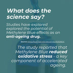 Methylene Blue bottle with text about its anti-ageing effects on a teal background