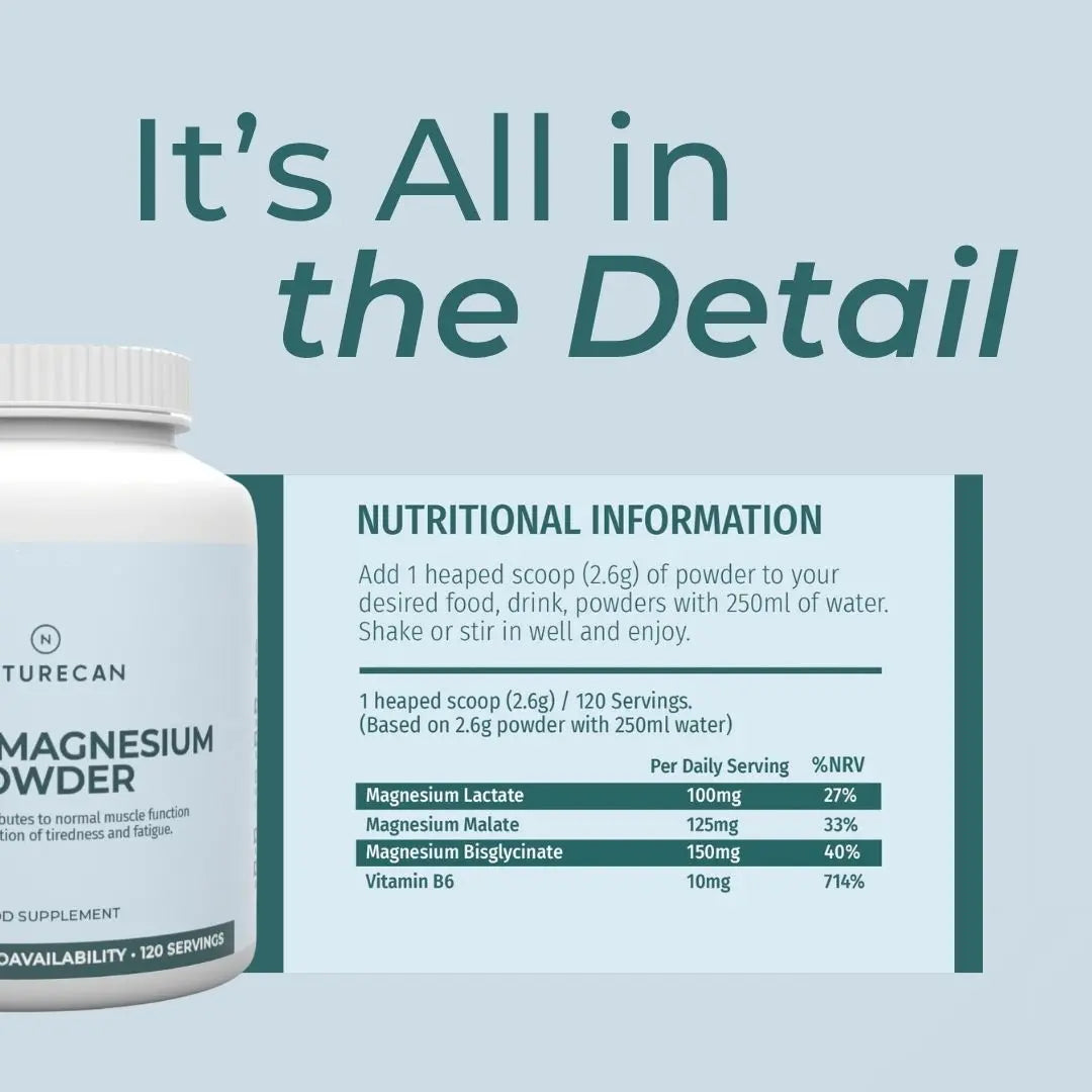 Triple Magnesium Powder container with key features on a light blue background