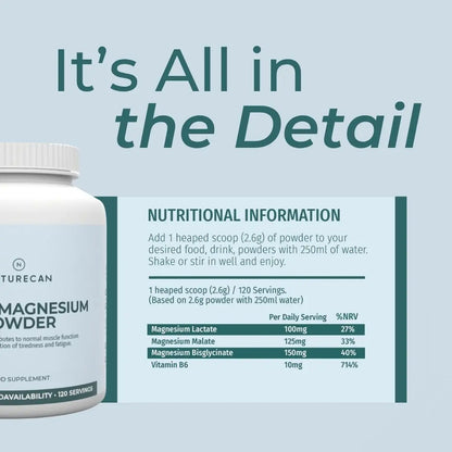 Triple Magnesium Powder container with key features on a light blue background
