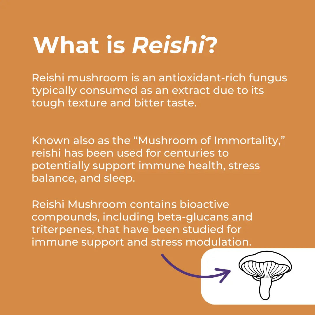Information about Reishi mushroom on an orange background with text and a mushroom illustration.
