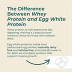 Text explaining the difference between whey protein and egg white protein on a beige background.