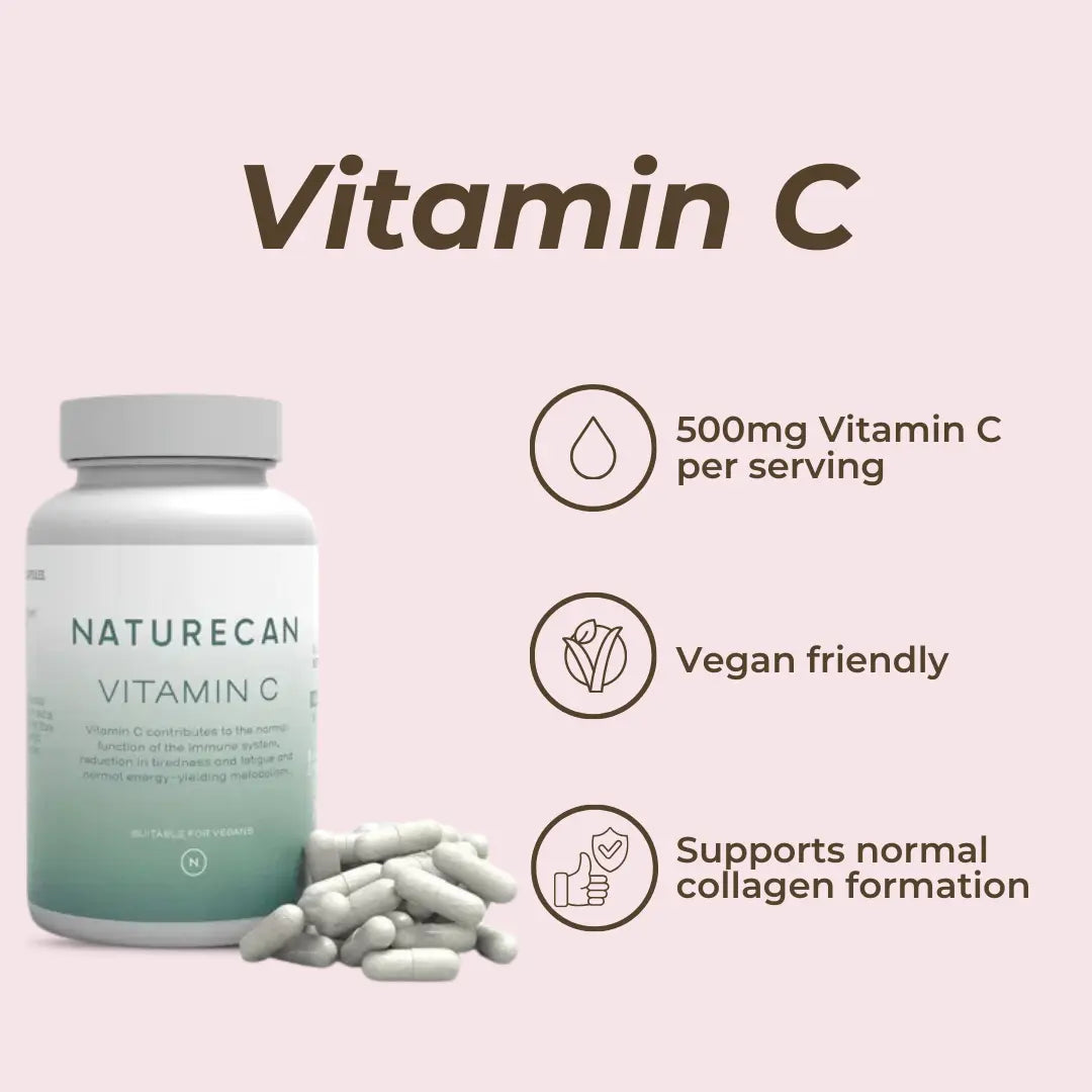 Naturecan Vitamin C supplement bottle with text on a pink background