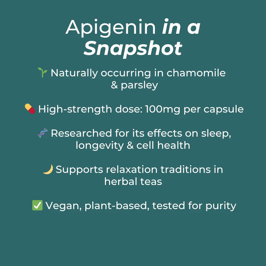 Apigenin benefits: naturally in chamomile, 100mg capsules, researched for sleep, supports relaxation, vegan and tested.