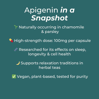 Apigenin benefits: naturally in chamomile, 100mg capsules, researched for sleep, supports relaxation, vegan and tested.