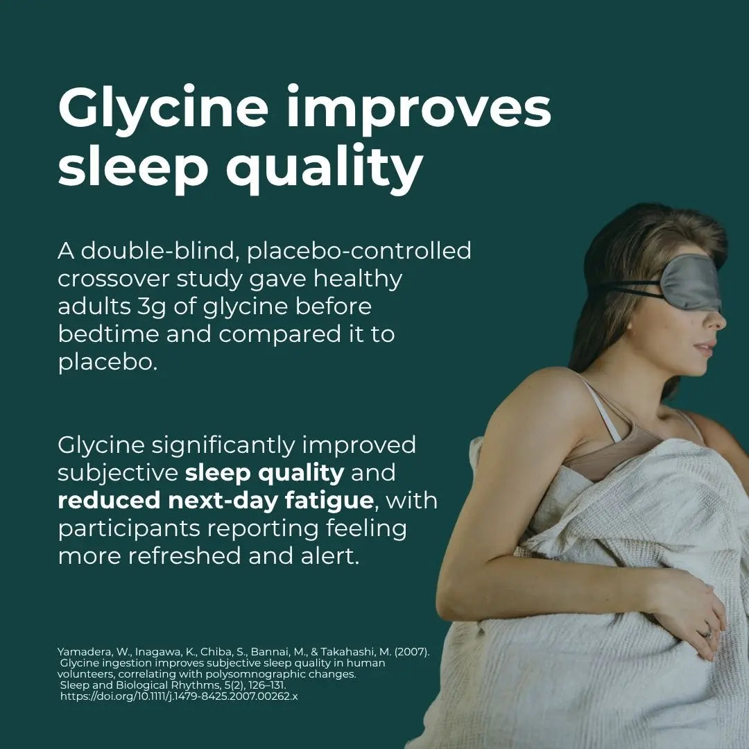 Woman with a sleep mask on, text about glycine improving sleep quality