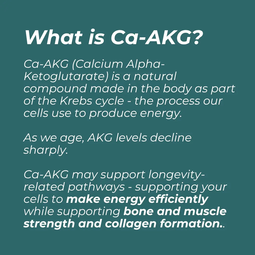 Information about Ca-AKG on a teal background