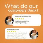 Orange background with customer reviews and coffee cups.