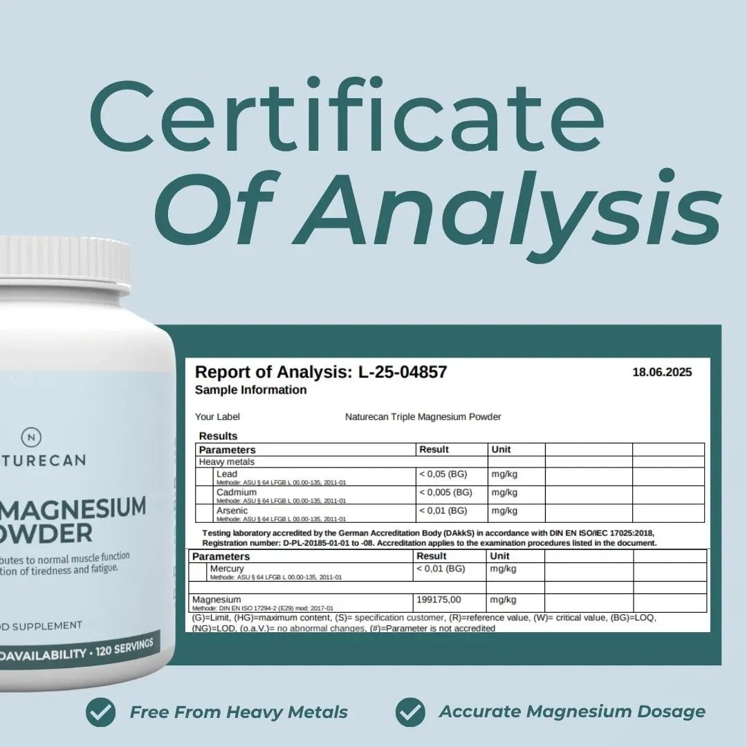 Triple Magnesium Powder container with key features on a light blue background