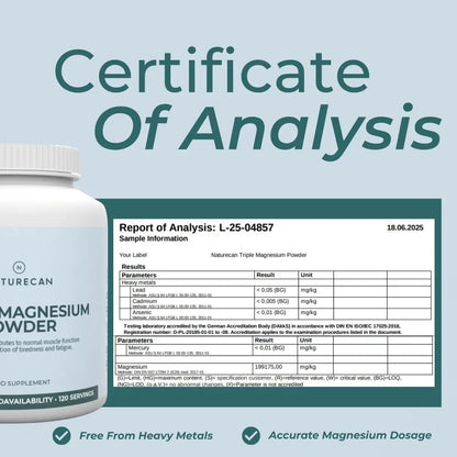 Triple Magnesium Powder container with key features on a light blue background
