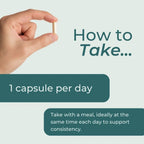 Hand holding a capsule with instructions on how to take it, including dosage and timing.