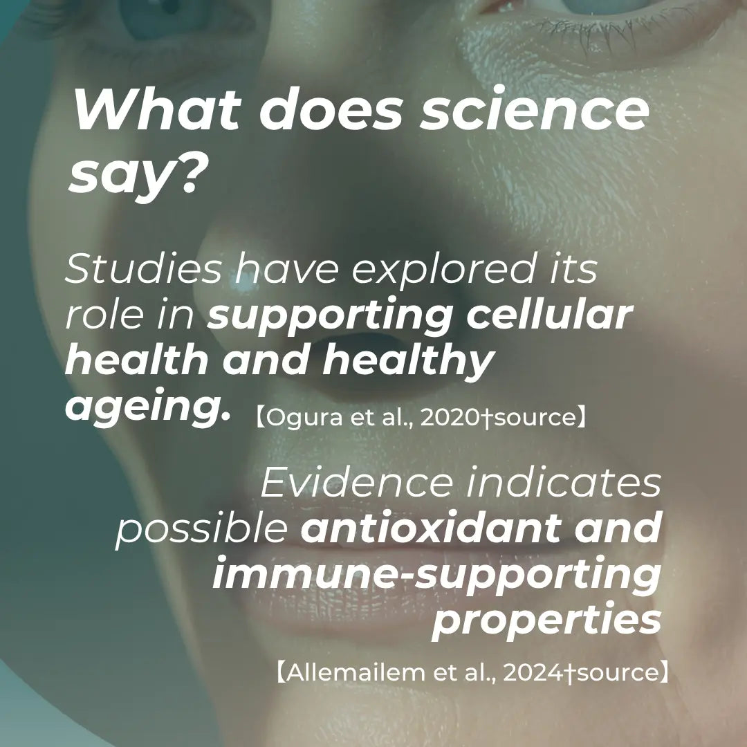 Text on a face background: "What does science say? Supporting cellular health, healthy ageing, antioxidant and immune properties."