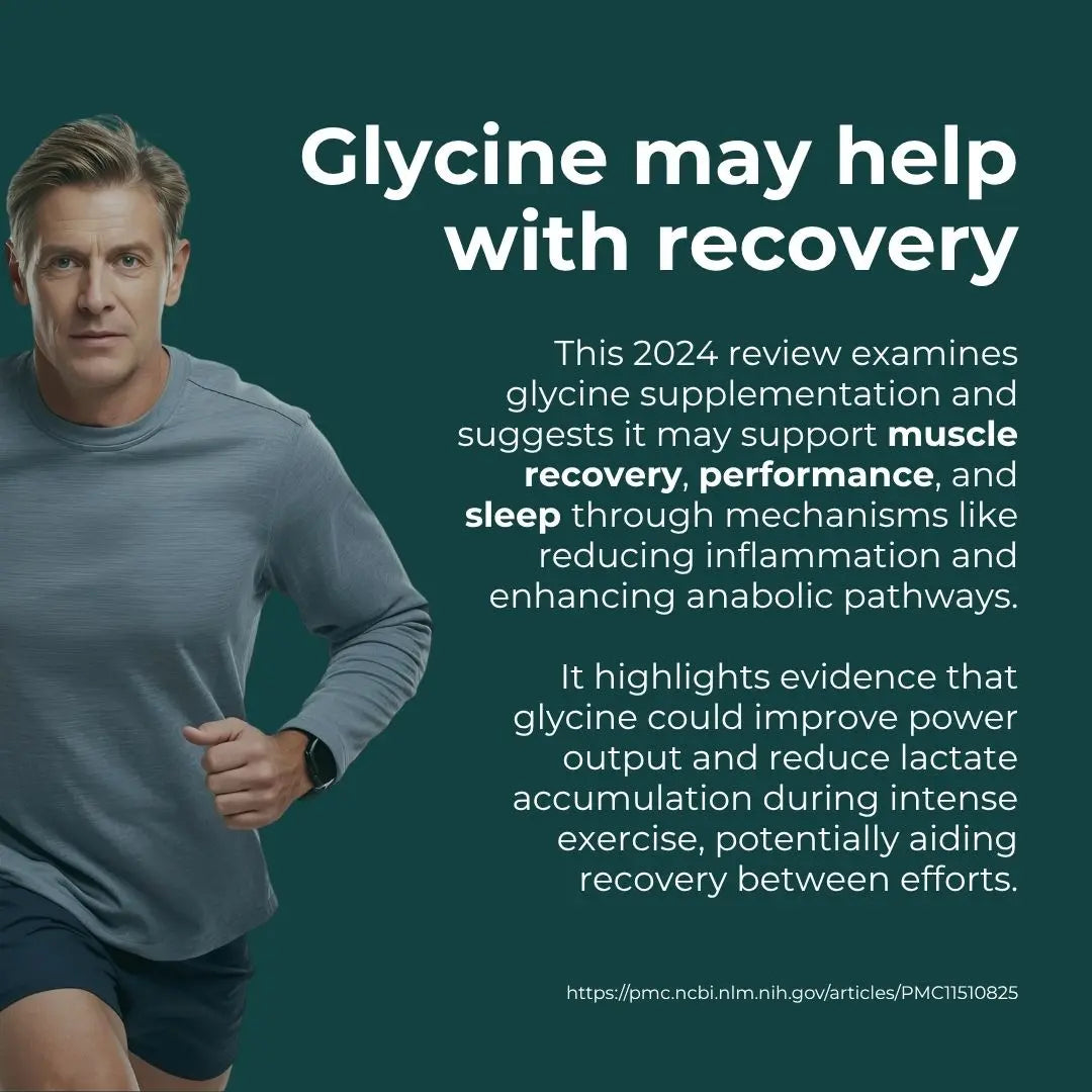 Man in athletic wear with text about glycine supplementation benefits on a green background
