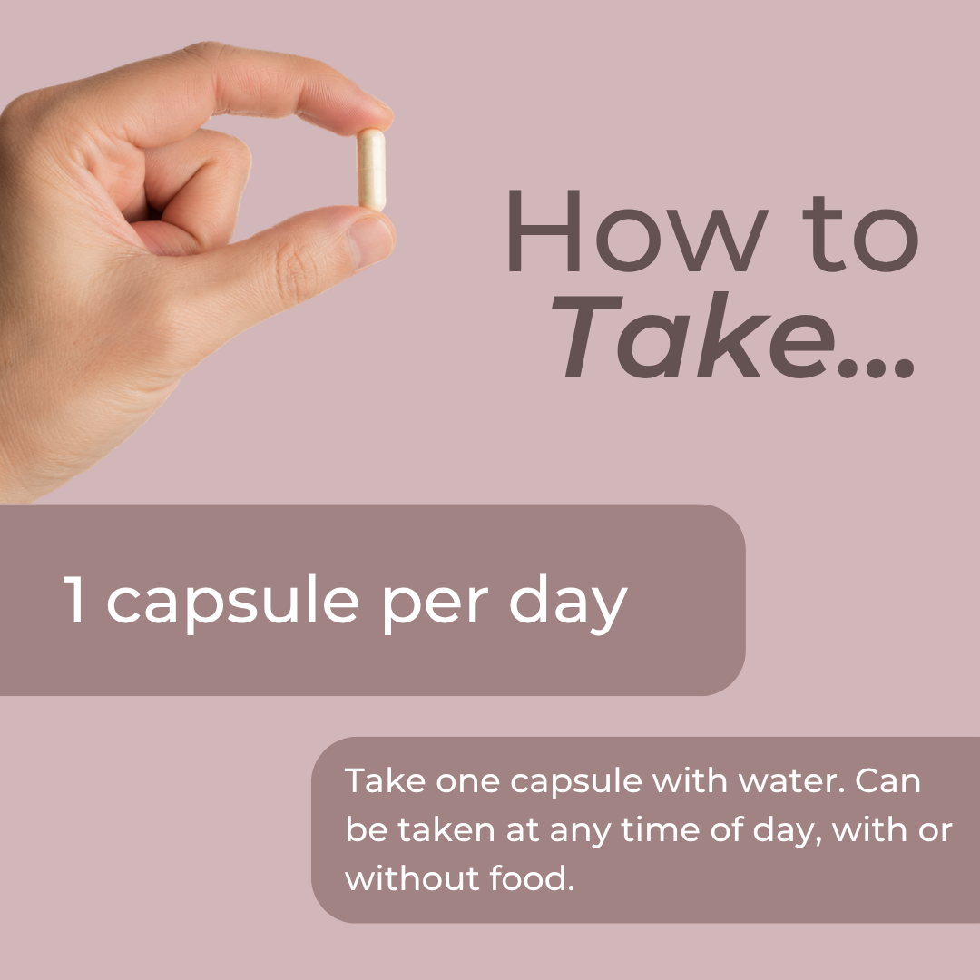 Instructional graphic showing a hand holding a single capsule pill with text reading 'How to Take.