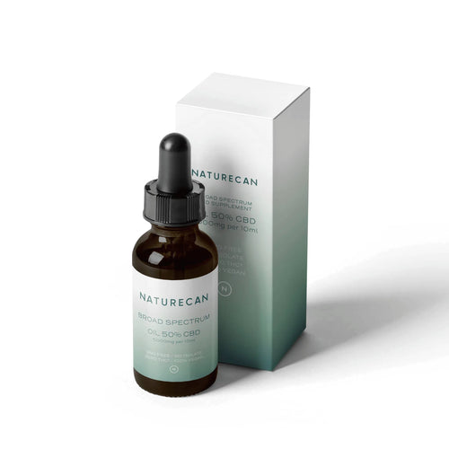 Naturecan CBD oil 10ml bottle and box, labeled broad spectrum 50% CBD.