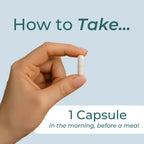 Hand holding a capsule with text on how to take it, on a light blue background