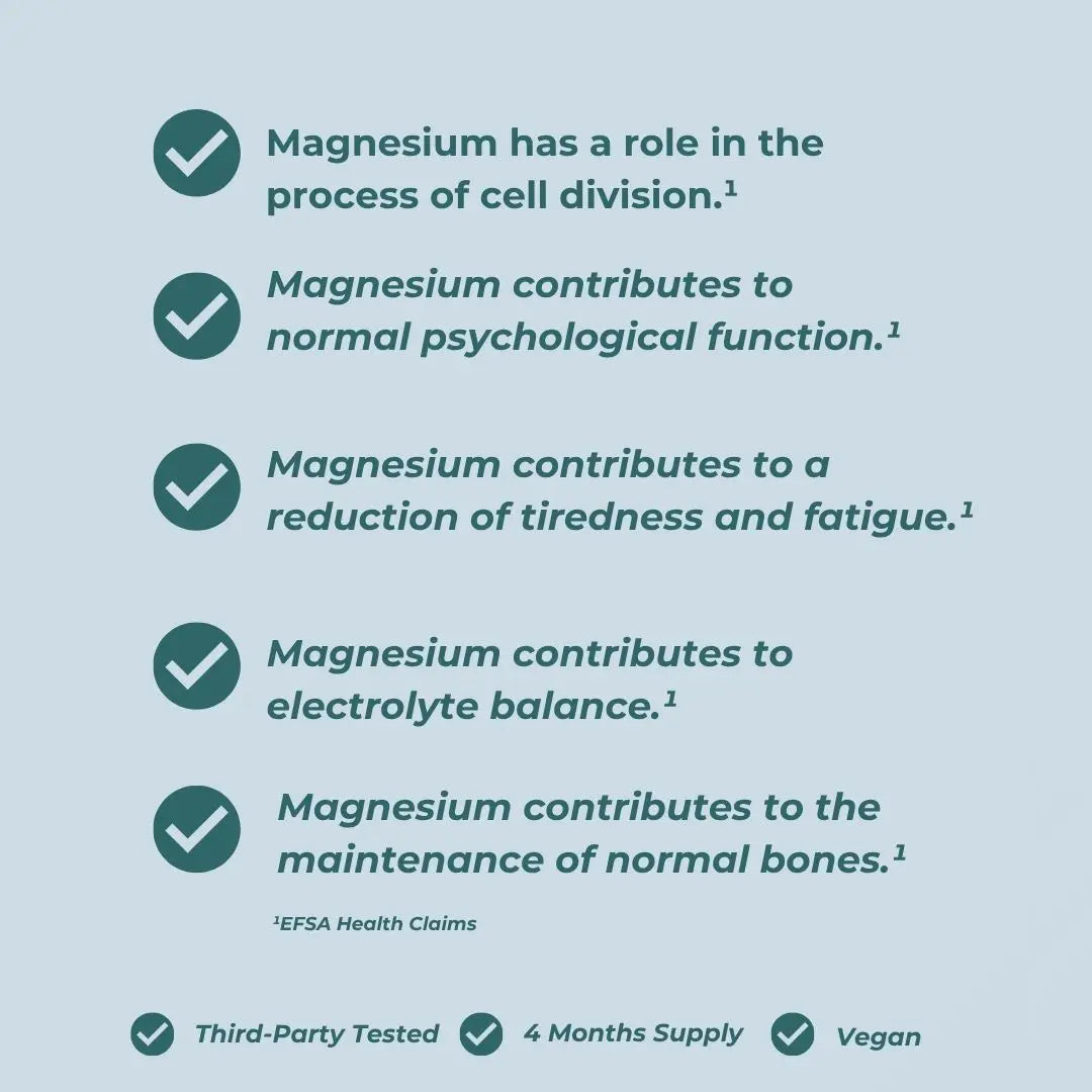 Triple Magnesium Powder container with key features on a light blue background