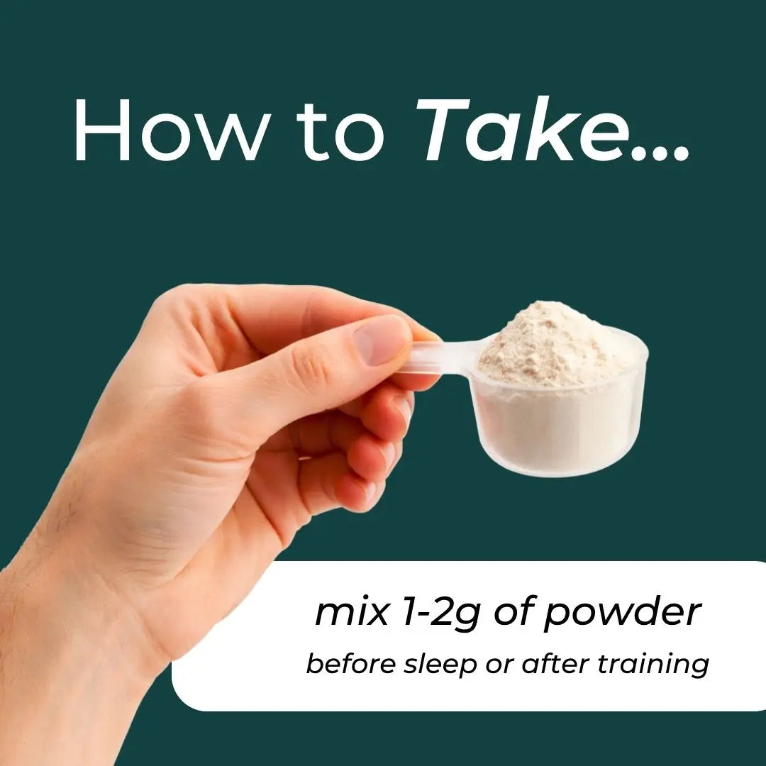 Hand holding a scoop of powder with text on how to take it