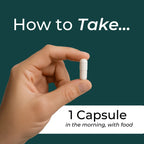 Hand holding a capsule with text on how to take it, against a green background