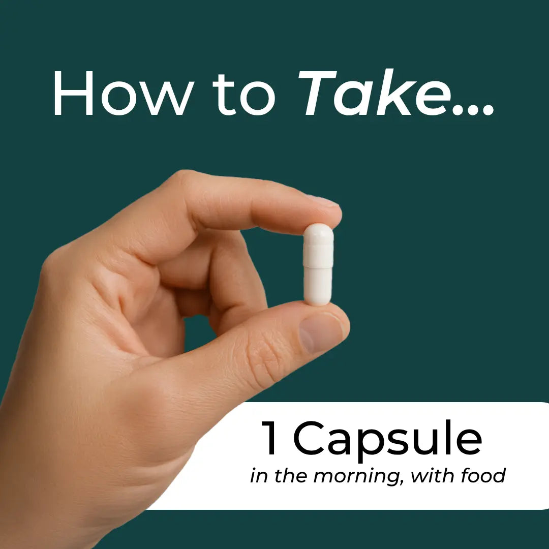 Hand holding a capsule with text on how to take it, against a green background