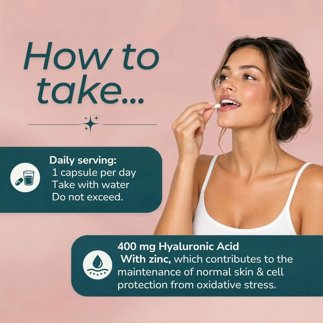 Instructional graphic showing a woman applying a white capsule to her mouth with text explaining daily serving and dosage of a hyaluronic acid and zinc supplement on a soft pink background.