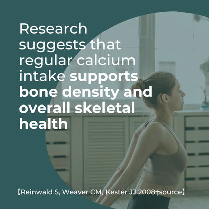 Woman exercising with text about calcium intake and bone health on a teal background