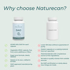 Promotional comparison graphic for Naturecan DAO supplement bottles. The image shows a Naturecan DAO bottle on the left with a light blue label and a white bottle, alongside a white Competitor bottle on the right.