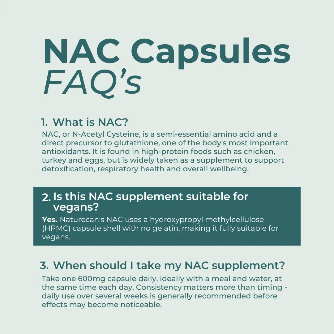 An informational FAQ graphic about NAC capsules, with three text sections on a pale blue background. The headings read 'NAC Capsules FAQ's' and the questions are: 'What is NAC?', 'Is this NAC supplement suitable for vegans?', and 'When should I take my NAC supplement?'.