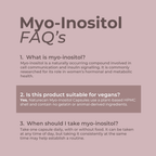 An informational graphic titled 'Myo-Inositol FAQ's' on a dusty mauve background, with three text sections answering common questions about myo-inositol, including suitability for vegans and usage instructions.