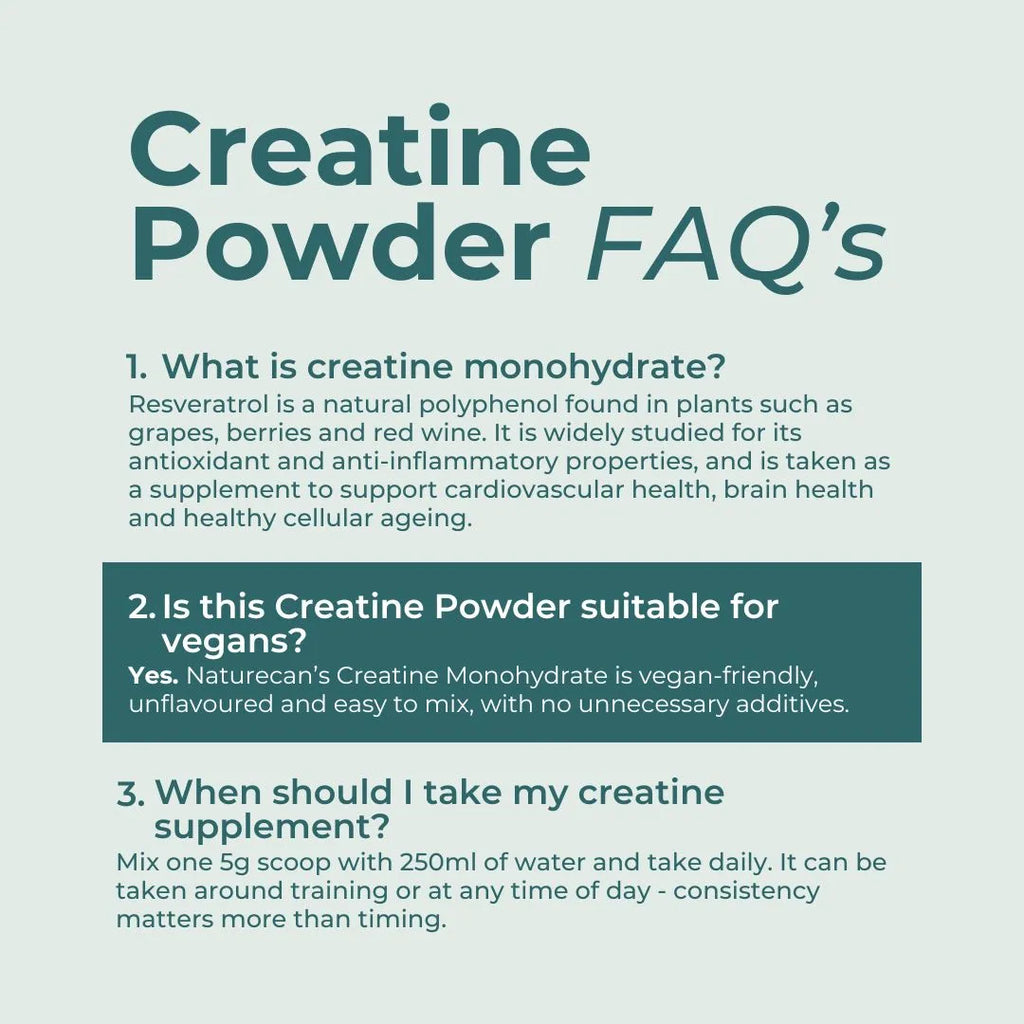 An informational graphic titled 'Creatine Powder FAQ's' on a pale green background, with three text sections answering common questions about creatine monohydrate, vegan suitability, and dosage.