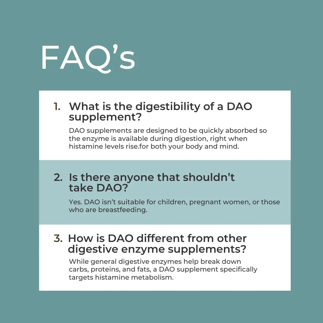 FAQ section about DAO supplements, covering digestibility, contraindications, and differences from other enzymes.
