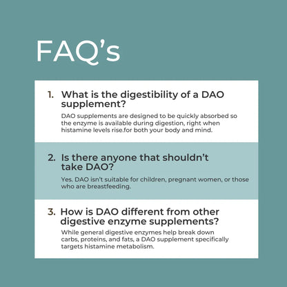 FAQs about DAO supplements on a teal background