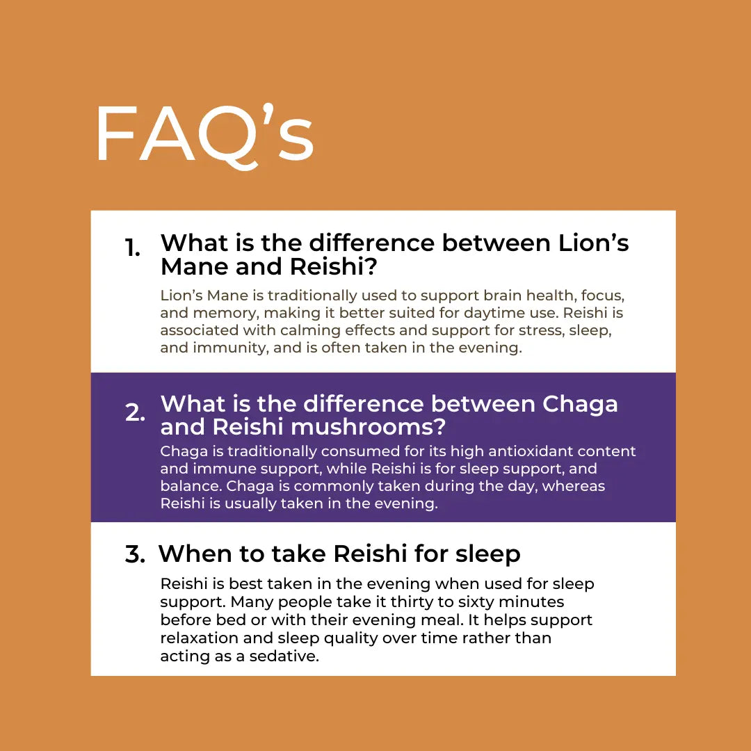 FAQs about Lion's Mane, Reishi, and Chaga mushrooms on a brown background
