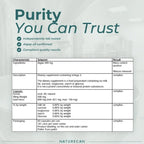 A digital infographic detailing product quality for Naturecan Purity You Can Trust dietary supplement. The graphic features a clean table with columns for Characteristic, Setpoint, and Result, listing details such as ingredients (Algae 500 mg), description, capsule format, and packaging (60 cans per can).