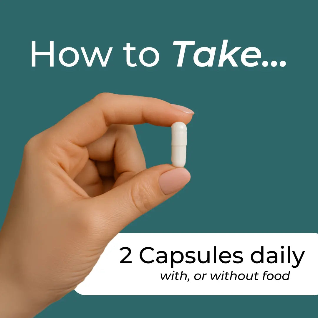 Hand holding a white capsule with text on how to take it, on a teal background