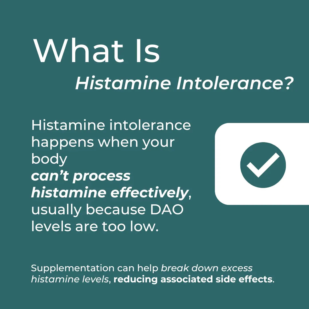 What is histamine intolerance? DAO levels and supplementation info on a green background with a checkmark icon.