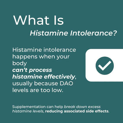 Information about histamine intolerance on a green background with a check mark icon.