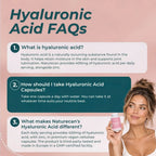 An informational graphic titled 'Hyaluronic Acid FAQs' on a soft pink background, with three text panels explaining what hyaluronic acid is, how to take Naturecan capsules, and what makes Naturecan's product different. A woman appears in the lower right holding a pink bottle.