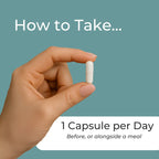Hand holding a white capsule with text instructions on daily intake before or with a meal.