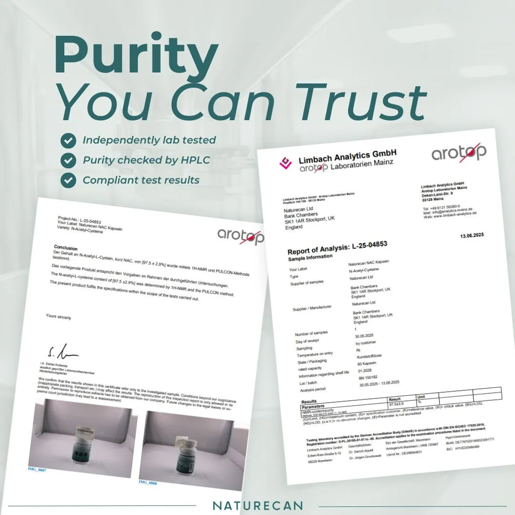 Promotional graphic for Naturecan purity testing services, featuring two sample certificate documents from Arotap and Limbach Analytics GmbH, along with text reading 'Purity You Can Trust' and checkmarks for independent lab testing, HPLC verification, and compliance results.