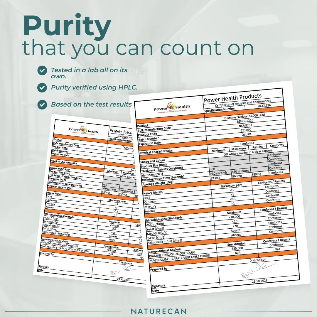 Promotional graphic for Naturecan Power Health Products showing two document-style purity and test result sheets on a pale gray background with marketing text about lab testing and HPLC verification.