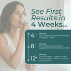 Promotional graphic showing a woman brushing her teeth on the left, with large text reading 'See First Results in 4 Weeks.
