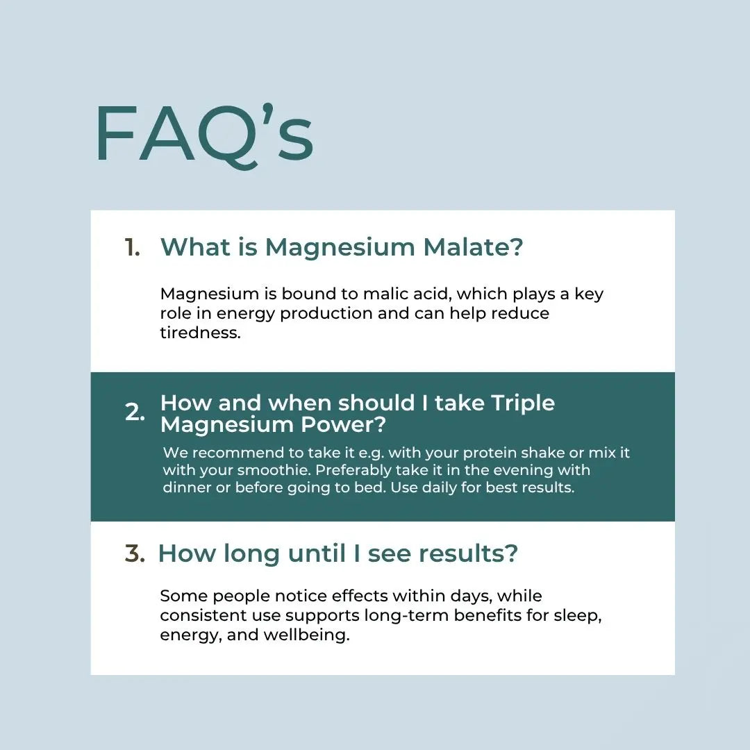 Triple Magnesium Powder container with key features on a light blue background