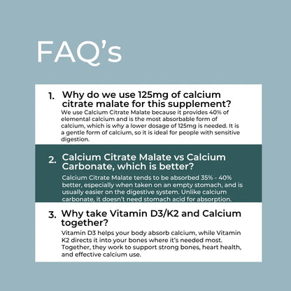 FAQ section about calcium citrate malate supplement on a light blue background