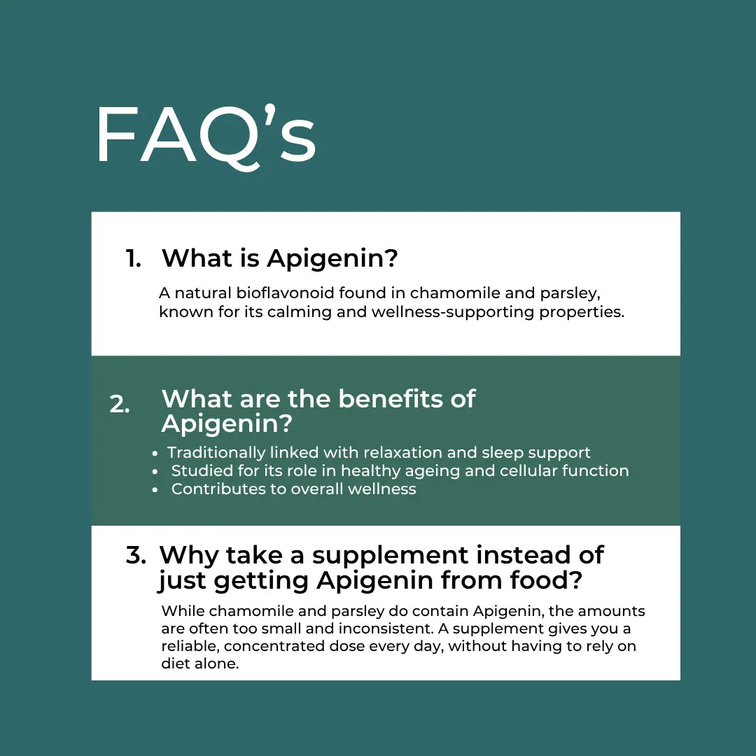 FAQ on Apigenin: Explains its calming benefits and reasons for supplementing beyond food sources.