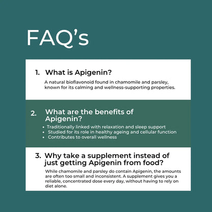 FAQ on Apigenin: Explains its calming benefits and reasons for supplementing beyond food sources.