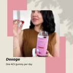 Woman holding Naturecan Apple Cider Vinegar Gummies, text reads "Dosage: One ACV gummy per day".